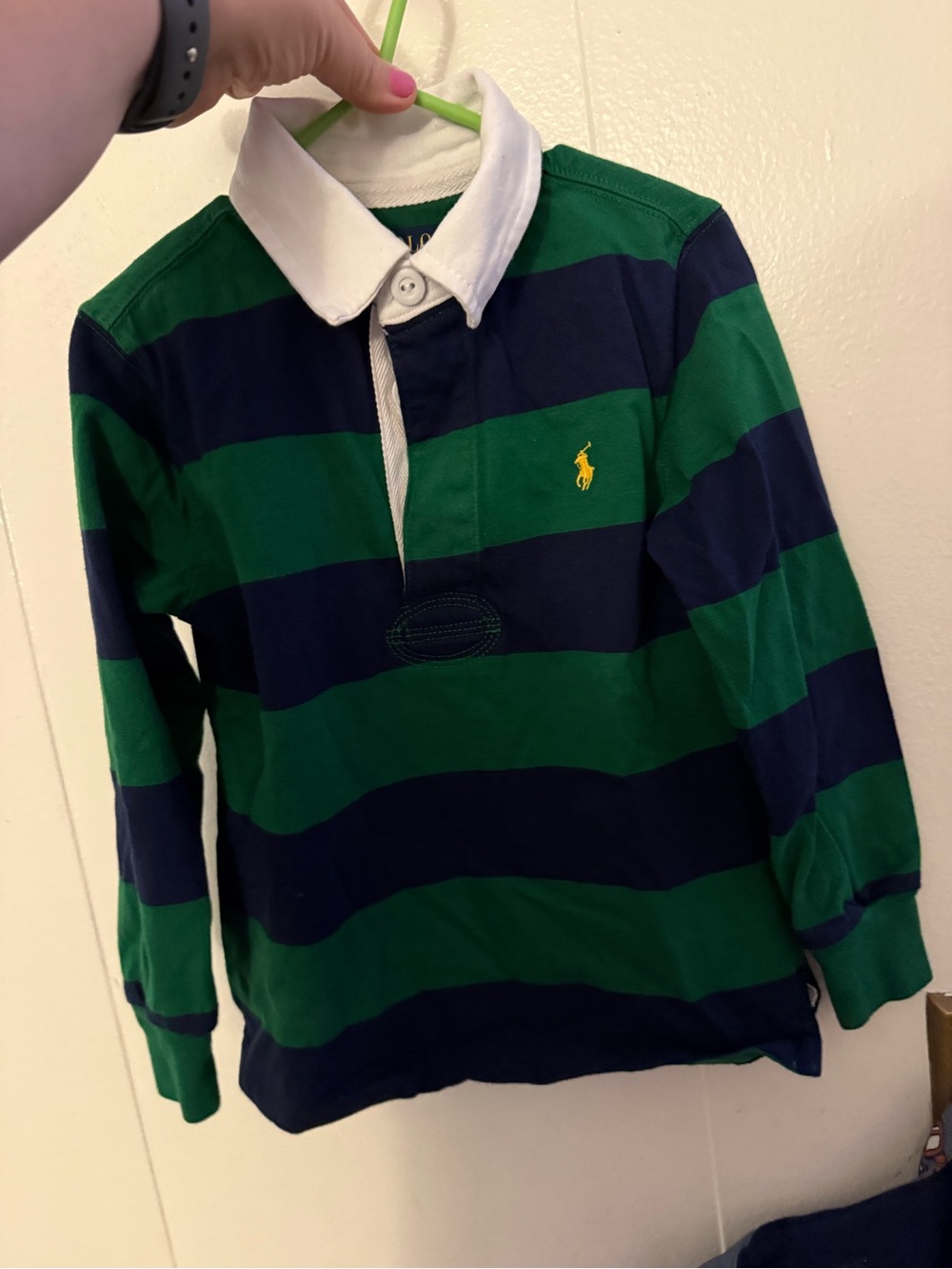 Polo by Ralph Lauren Green & Navy Striped Rugby Shirt with White Collar